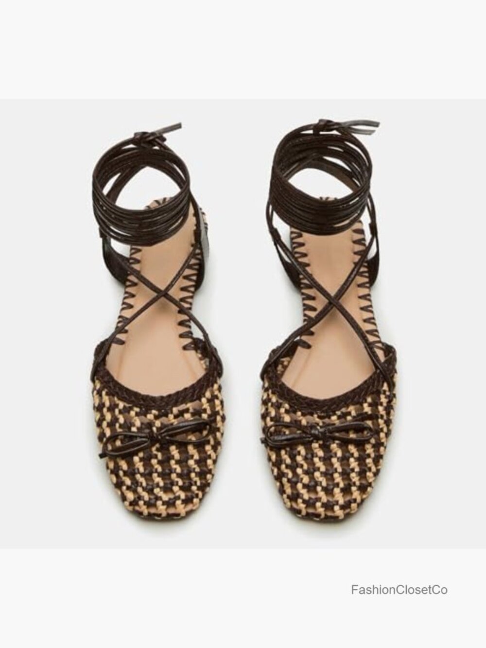 Woven Ballet Flats Lace Up Closed Square Toe Summer Flats Shoes - Picture 3 of 5